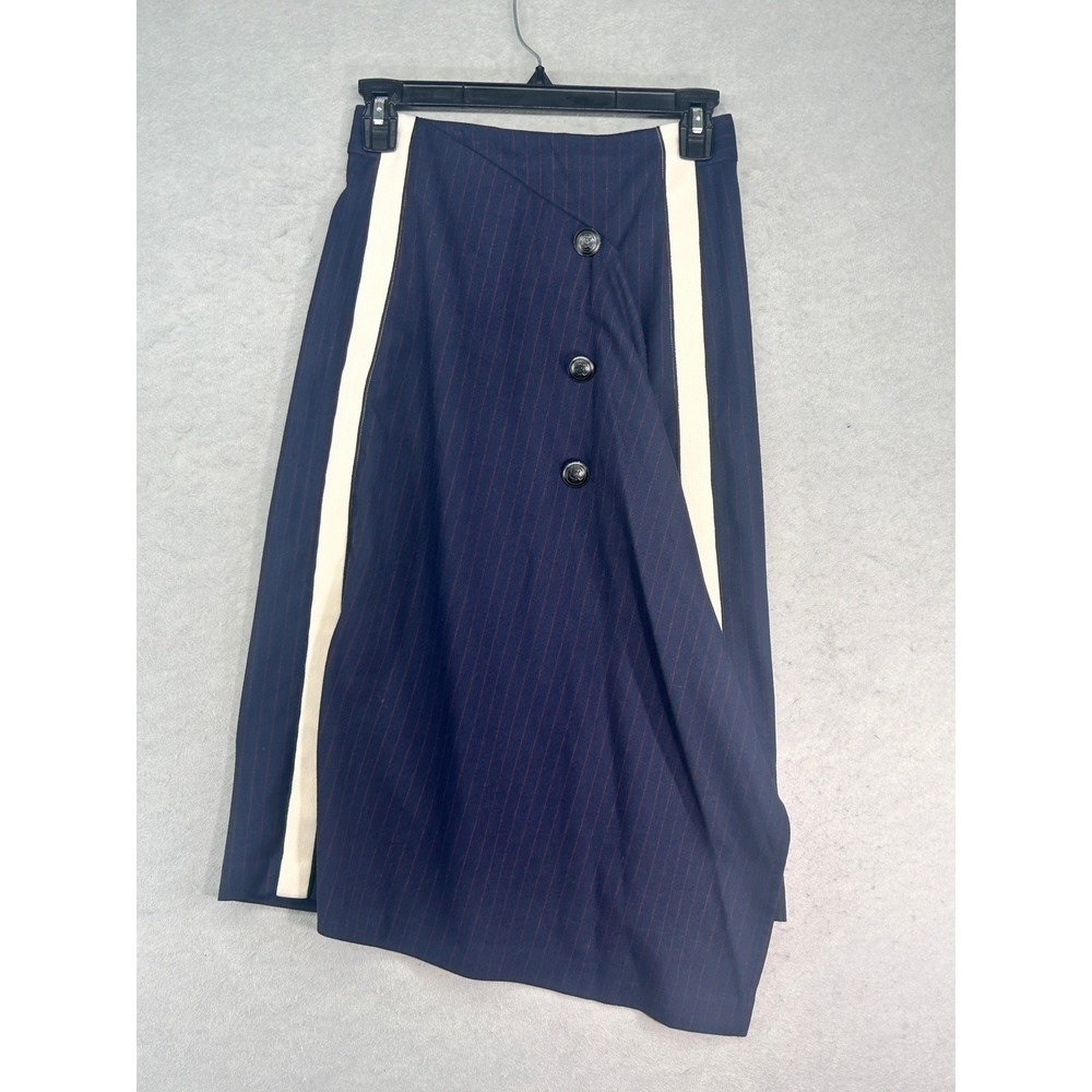 Maje Navy Pinstripe Asymmetrical Midi Skirt Side Stripe Made in France 34 / XS